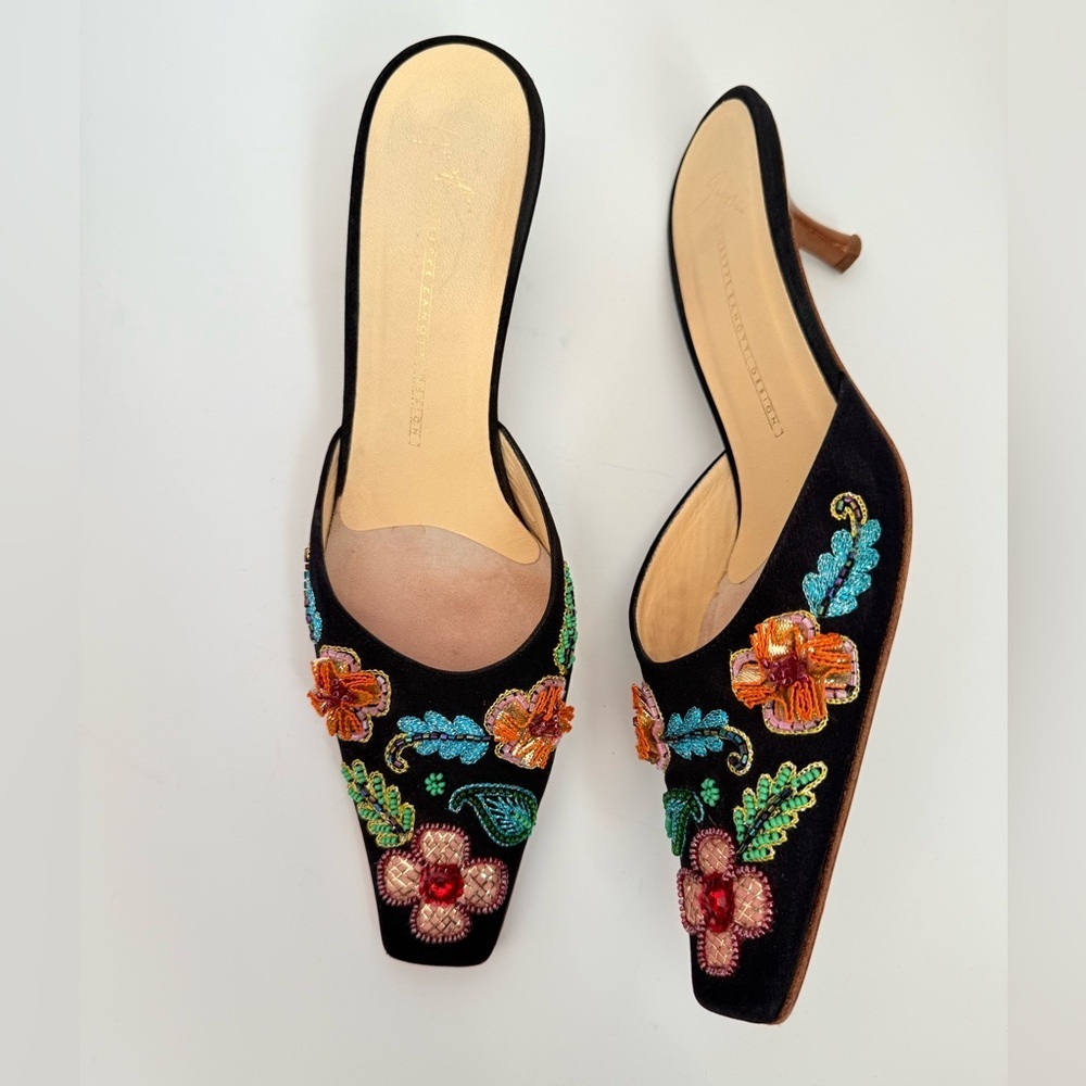 Giuseppe Zanotti Vintage Black Multicolor Satin Floral beaded mules heels EU 37